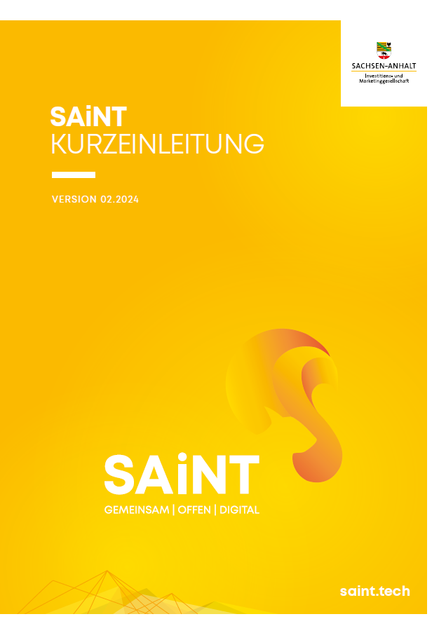 Gelbe Umschlagseite mit dem Titel SAiNT Kurzanleitung und einem stilisierten Eichhörnchen als Logo
