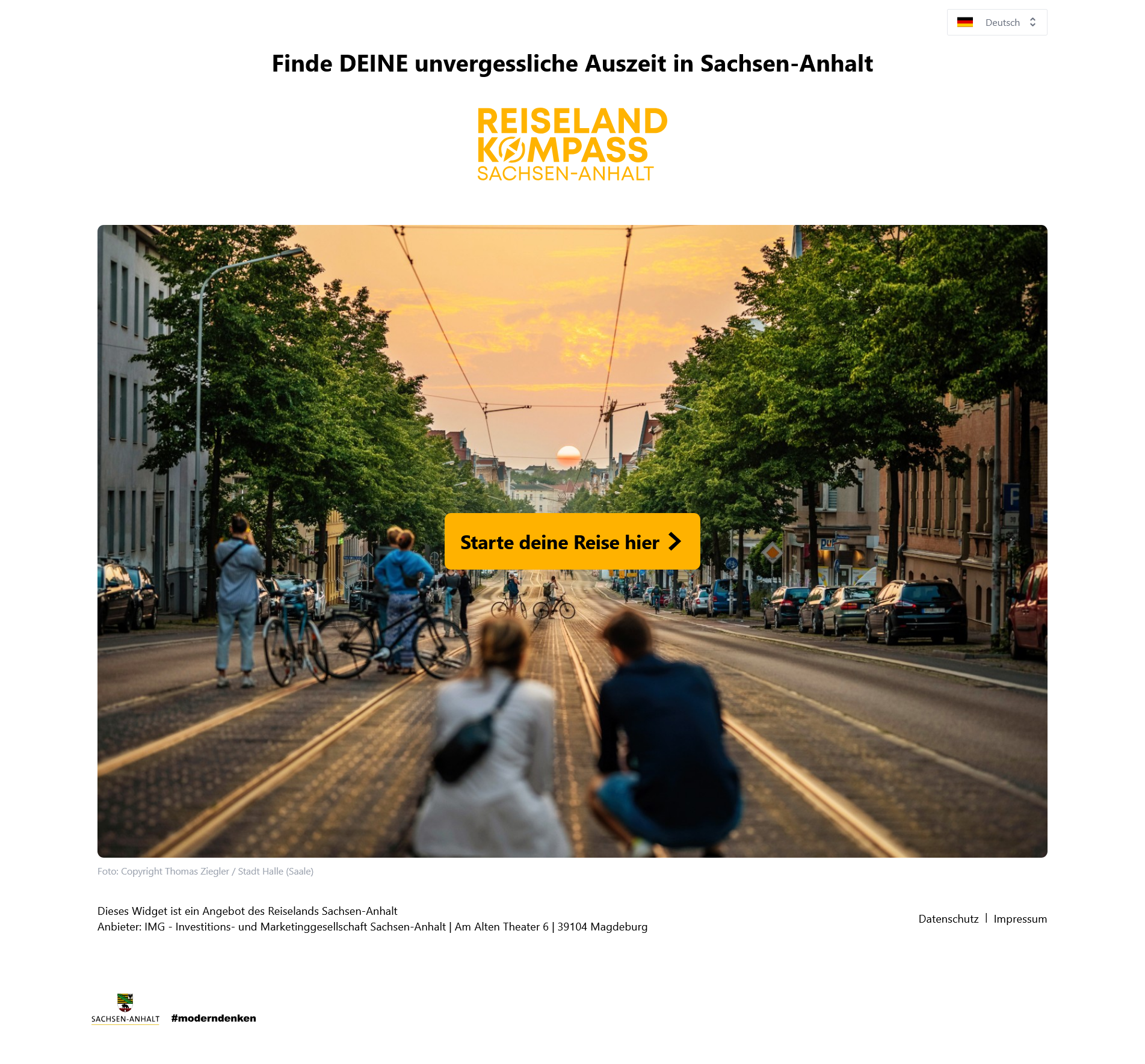 Screenshot des Reiseland-Kompass. Ein Foto einer Straße im Sonnenuntergang, darübergelegt ist ein Button mit der Aufschrift Starte deine Reise hier.